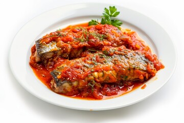 Fototapeta premium Canned sardines in tomato sauce on white plate isolated
