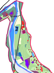 General Urban Plan with urban destinations, roads, buildable areas and land plot - Banner design with copy space, Riverside development plan study