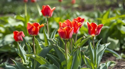 Fototapeta premium Red Miscellaneous tulips Tulipa praestans Fusilier with variegated leaves bloom in a garden in March : Generative AI