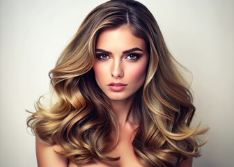 Fototapeta premium Soft focus on a stunning hair model with subtle balayage highlights, beautifully styled and lying against a crisp white background, perfect for beauty and hair care ads.