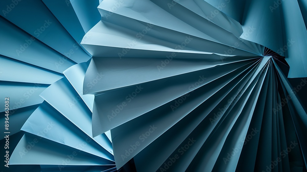Aufkleber Bluewhite threedimensional background Paper fan pattern on dark background Geometric background with a threedimensional cardboard object Sometimes blurred abstract image : Generative AI