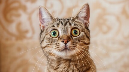 Obraz premium Skeptic surprised cat thinking dont know what to do big eyes closeup Tabby cat look side dont know funny face Cute tabby cat looking scared thinking Wide eyed kitten dont know why por : Generative AI