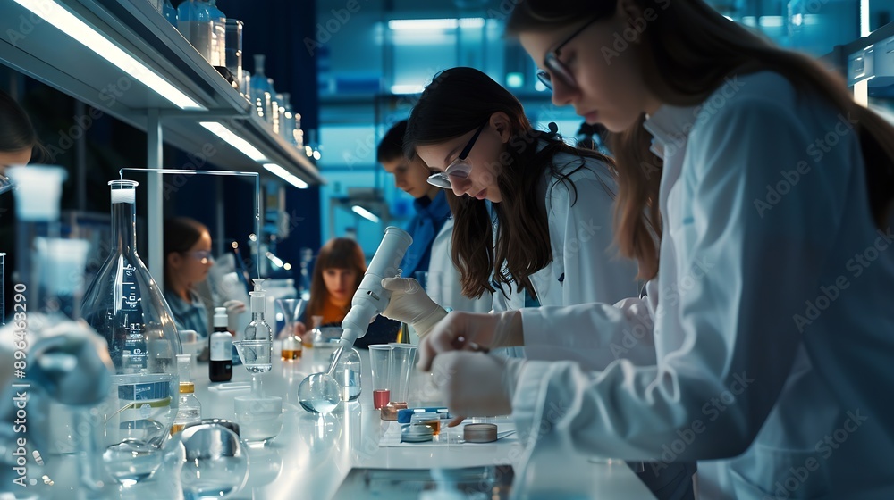 Aufkleber Education learning or science with teacher and students at table in laboratory for experiment or reaction Classroom school or study with woman scientist and children at academy for dev : Generative AI