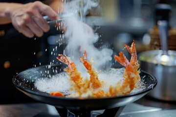 Chef plating shrimp Tempura dish Preparing Tempura Udon