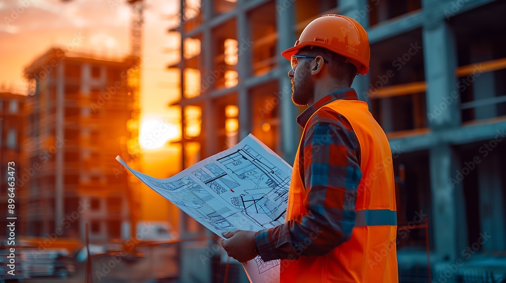 Fototapete civil architect engineer inspecting and working outdoors structure building site with blueprints. : 