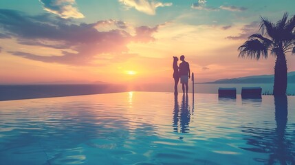Fototapeta premium A romantic couple on summer vacation enjoys the beautiful sunset behind the mediterranean sea by the swimming pool : Generative AI