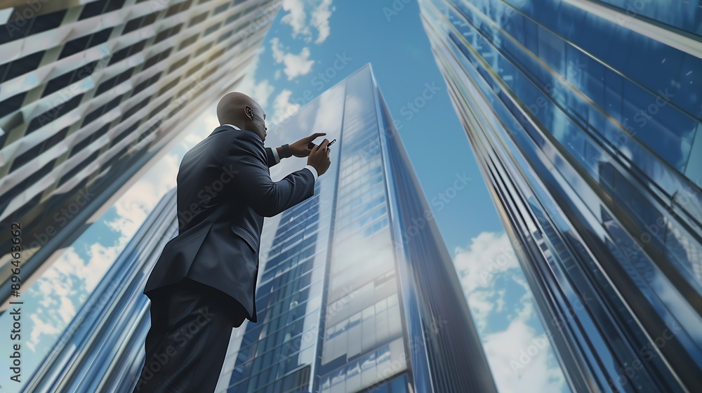 Poster businessman using mobile phone to talk business in office view from the outside 3d rendering commerc