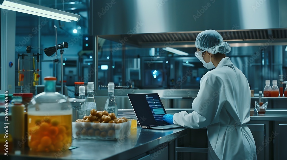 Poster food and drink factory worker working together with hygiene monitor control mix ingredients machine 