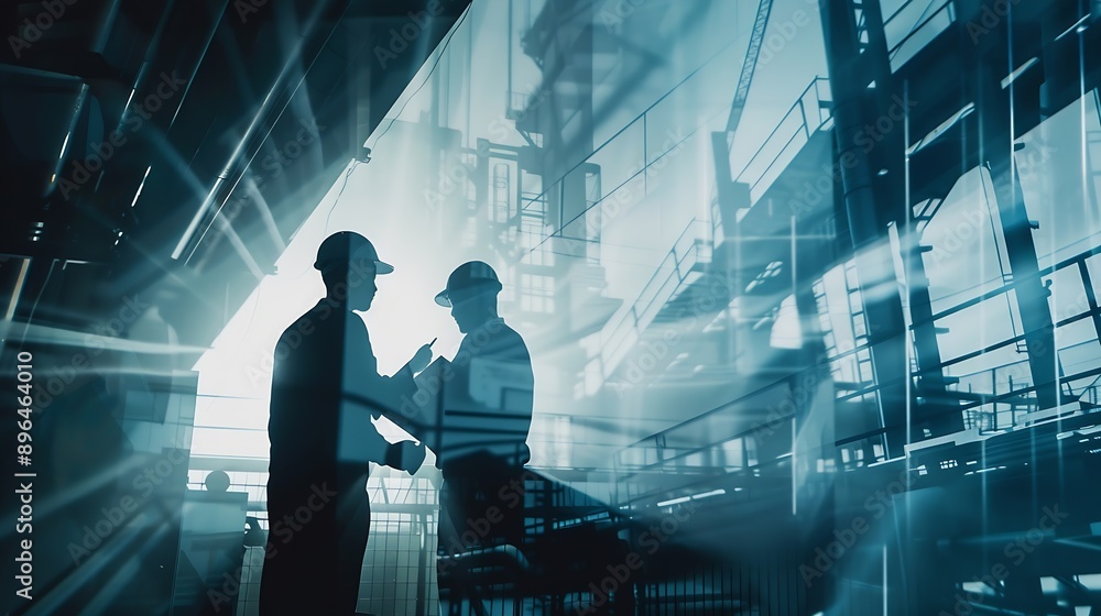 Fototapete Industrial economic Business and engineering technology factory workers planning working project digital access control work holding blueprint copyspace banner double exposure abstract : Generative AI