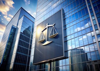 A modern, sleek office building features a prominent display of a law firm's professional logo, conveying trust and expertise in a prestigious urban setting.