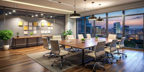 Modern office interior at evening with empty conference table, chairs, and brainstorming notes on whiteboard, ready for a leadership meeting to begin.