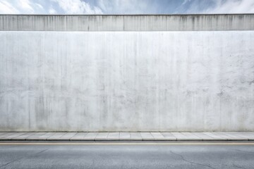 Urban city street with a long, clean concrete wall covered in fresh white plaster, featuring ample empty space for text or design overlays, perfect for advertising.
