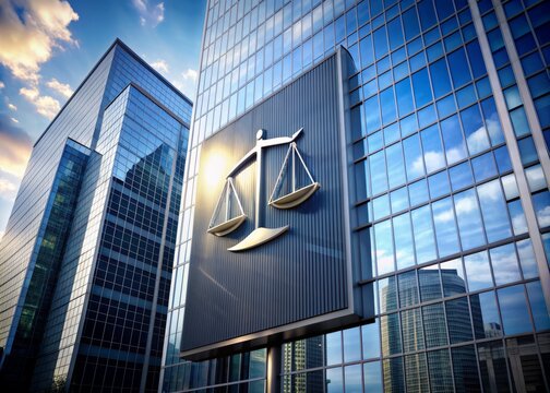 A modern, sleek office building features a prominent display of a law firm's professional logo, conveying trust and expertise in a prestigious urban setting.
