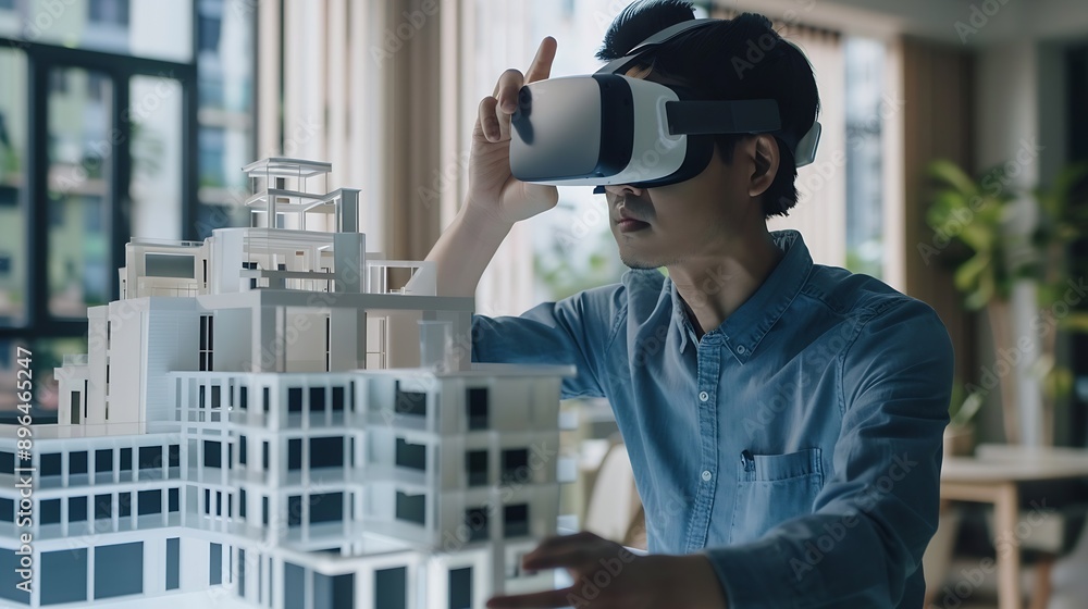 Aufkleber asian man architect or engineer wearing vr headset for working design 3d architectural building mode