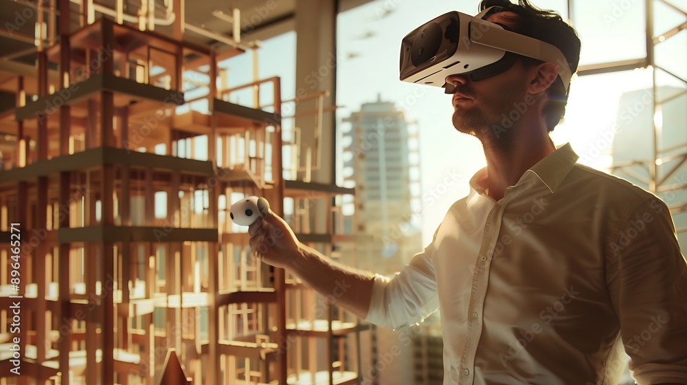 Fototapete Architect man and virtual reality architecture model construction and building with future technology and UX VR goggles design and engineering metaverse and simulation of property deve : Generative AI