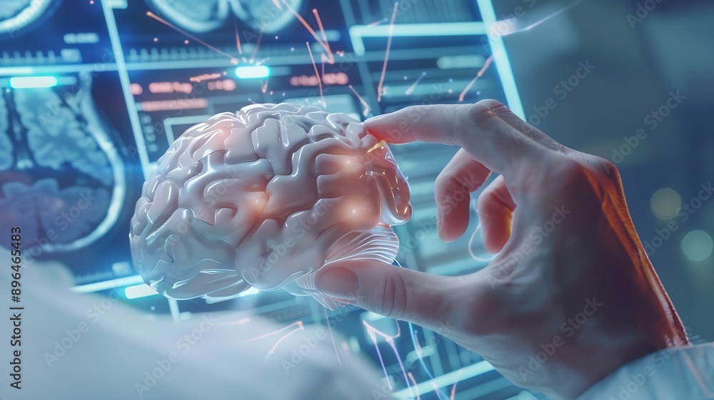 Poster Doctor checking brain testing result with innovative medical technology diagnose and examine patient brain with intelligence software AI Medical healthcare and digital science in futur : Generative AI