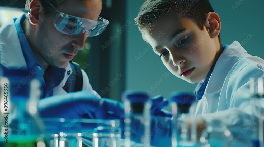 Aufkleber Teacher support schoolboy in laboratory Schoolboy and teacher stand and experiment about science of chemistry in STEM class using liquid in glass container Instructor mixing solution E : Generative AI