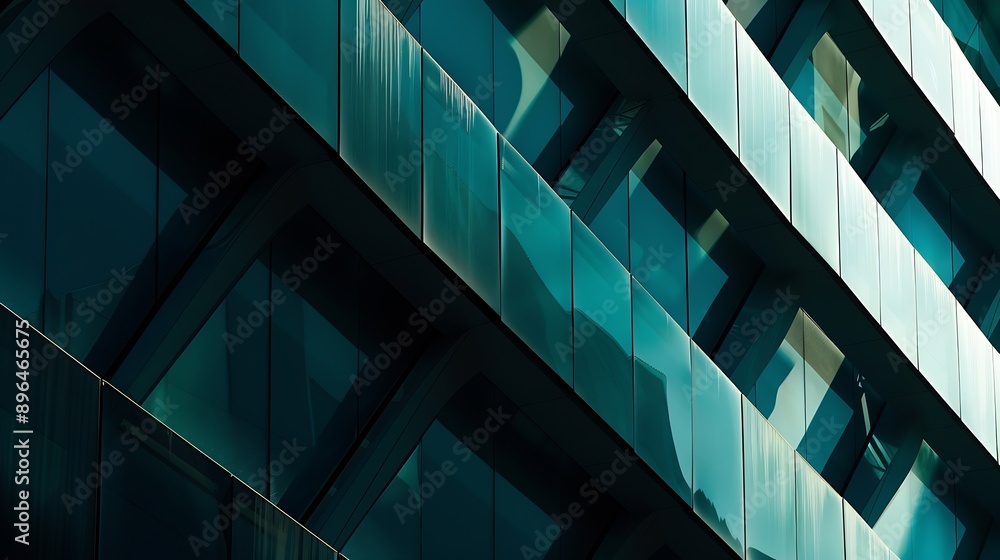 Poster Modern architecture Abstract pattern of shadows and light on curved diagonal lines of contemporary facadeFragment of the facade of glass building : Generative AI