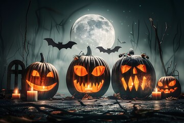 Fototapeta premium Glowing Jack-o’-Lanterns in a Spooky Halloween Night