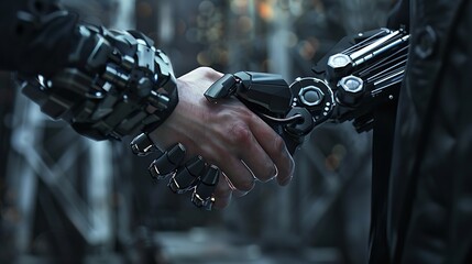 Handshake of man and robot Modern technologies Art collage : Generative AI