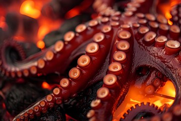 Obraz premium Close up of grilled octopus tentacles over glowing coals on the grill