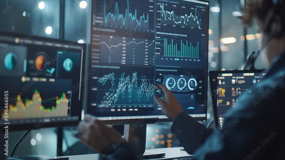 Leinwandbilder Analyst utilizing technology and dashboard with charts data science and Big Data technology for business Strategic data management system with KPI organization performance with technol : Generative AI