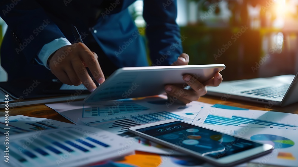 Poster Business 2025 analytics tools charts and graphs with statistics to analyze business potential and forecast future development of companies growth Businessman using a tablet : Generative AI