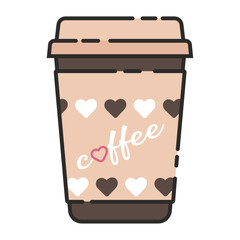 Vector icon of a paper coffee cup in a linear style with the image of hearts