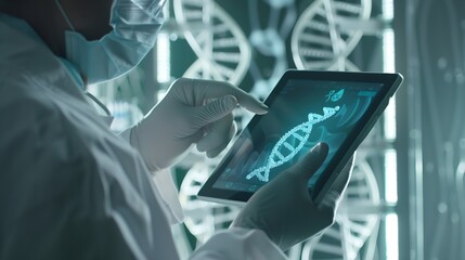 Medical Technology Doctor using digital tablet with DNA genetics medical research science and experiment  Healthcare and medicine concept innovation health technology global health car : Generative AI