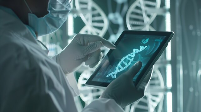 Medical Technology Doctor using digital tablet with DNA genetics medical research science and experiment  Healthcare and medicine concept innovation health technology global health car : Generative AI
