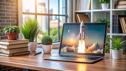 Laptop Showing Rocket Launch, Computer , Startup , Business , Space