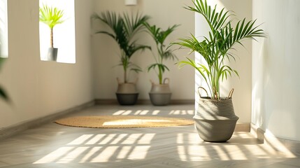 Sunlight Streaming Through a Hallway with Palm Plants in Baskets