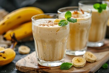Closeup view of a banana protein smoothie served in a glass on a wooden board