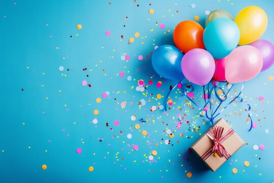 Colorful balloons and confetti escape from a gift box in a birthday party flat lay - Powered by Adobe