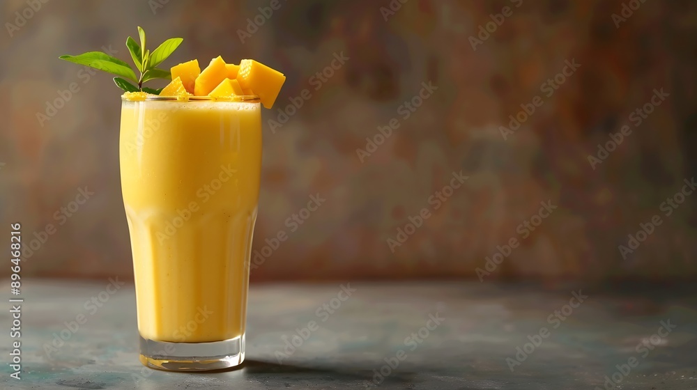Poster lassi mango traditional indian drink gray background refreshing milkshake side view selective focus 