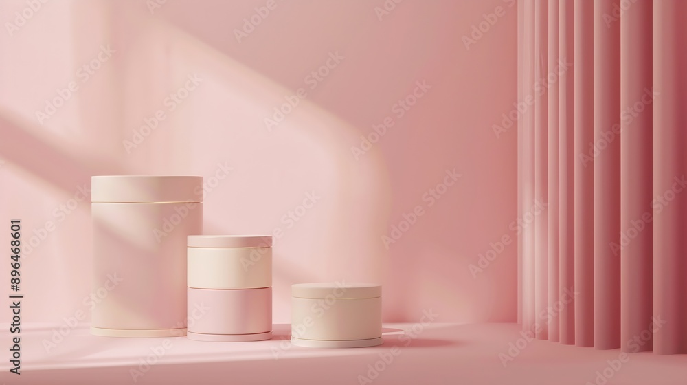 Poster Abstract minimal scene with geometrical forms Cylinder podiums in cream pink colors Abstract background Scene to show cosmetic podructs Showcase display case 3d render : Generative AI