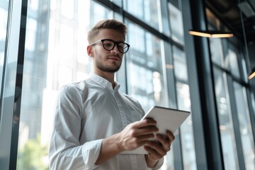 Fototapeta premium Confident man working on tablet in office or cafe standing by window
