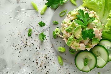 Obraz premium Delicious and nutritious tuna salad with avocado celery spring onion and iceberg lettuce