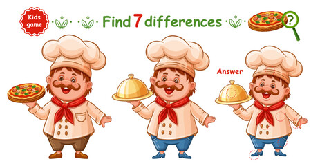 Cute chef cook man, cooking master hold pizza food tray, find 7 difference education children puzzle game. Restaurant waiter, baker character in cookery hat. Compare picture. Kid learning task. Vector