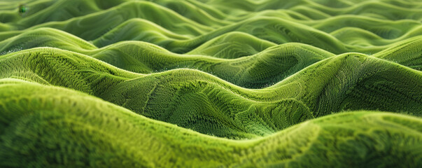 3D rendering of green grassy hills with wavy patterns in the style of abstract background for design and concept