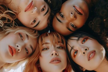 Fototapeta premium Diverse Asian and Caucasian women with various skin types pose together in a studio conveying beauty skincare and spa concepts