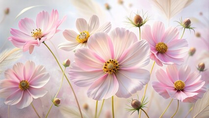 Delicate pink cosmos flowers with soft, feathery petals and golden centers float gently against a transparent background, evoking a sense of ethereal whimsy.