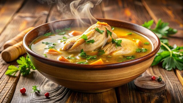 Freshly prepared hot chicken soup in a ceramic bowl, garnished with chopped herbs andsteam rising from its savory and comforting yellow broth.