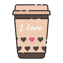 Vector icon of a paper coffee cup in a linear style with the inscription I love