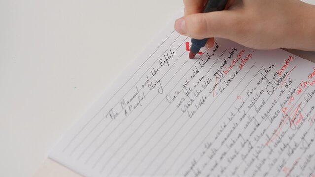 Professional school or college teacher grades a homework exam papers of students. Woman grades essay test with F mark and circles it with red marker.