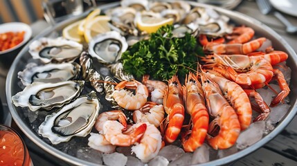 Seafood Platter with Oysters, Shrimps, and Lemon Slices