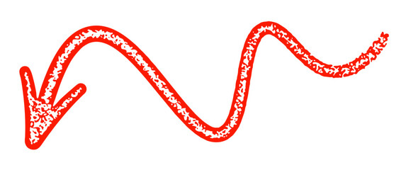 A red curved arrow with a grunge texture, pointing downwards. Vector illustration.