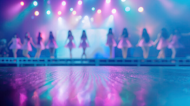 close up of empty wooden table with blurred asian idol singers on stage background