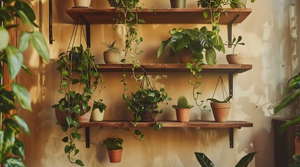 Green Plants on Wooden Shelves in a Sunlit Room