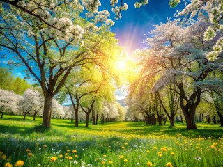 Obraz premium Vibrant blurred spring background featuring a blooming glade with trees adorned in lush greenery, set against a brilliant blue sky on a warm sunny day.